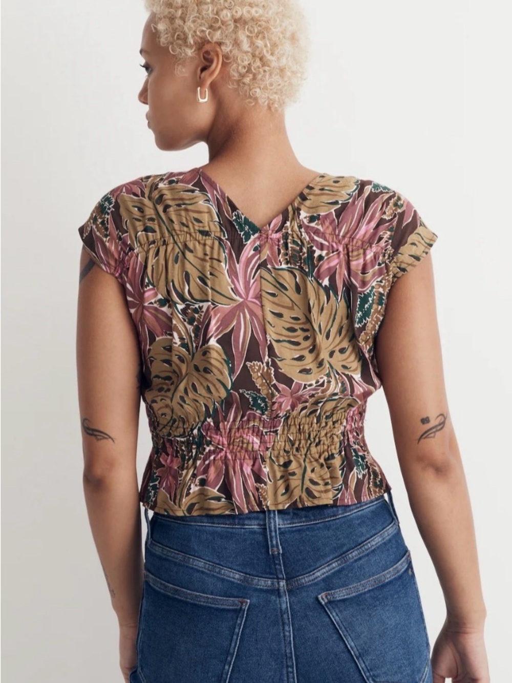 Madewell Tropical Button Shirred Cap-Sleeve Top in Brushstroke Monstera XL - Picture 3 of 14